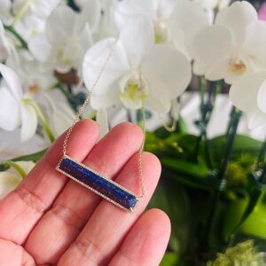 14 k blue lapis lazuli bar necklace with pave diamonds around